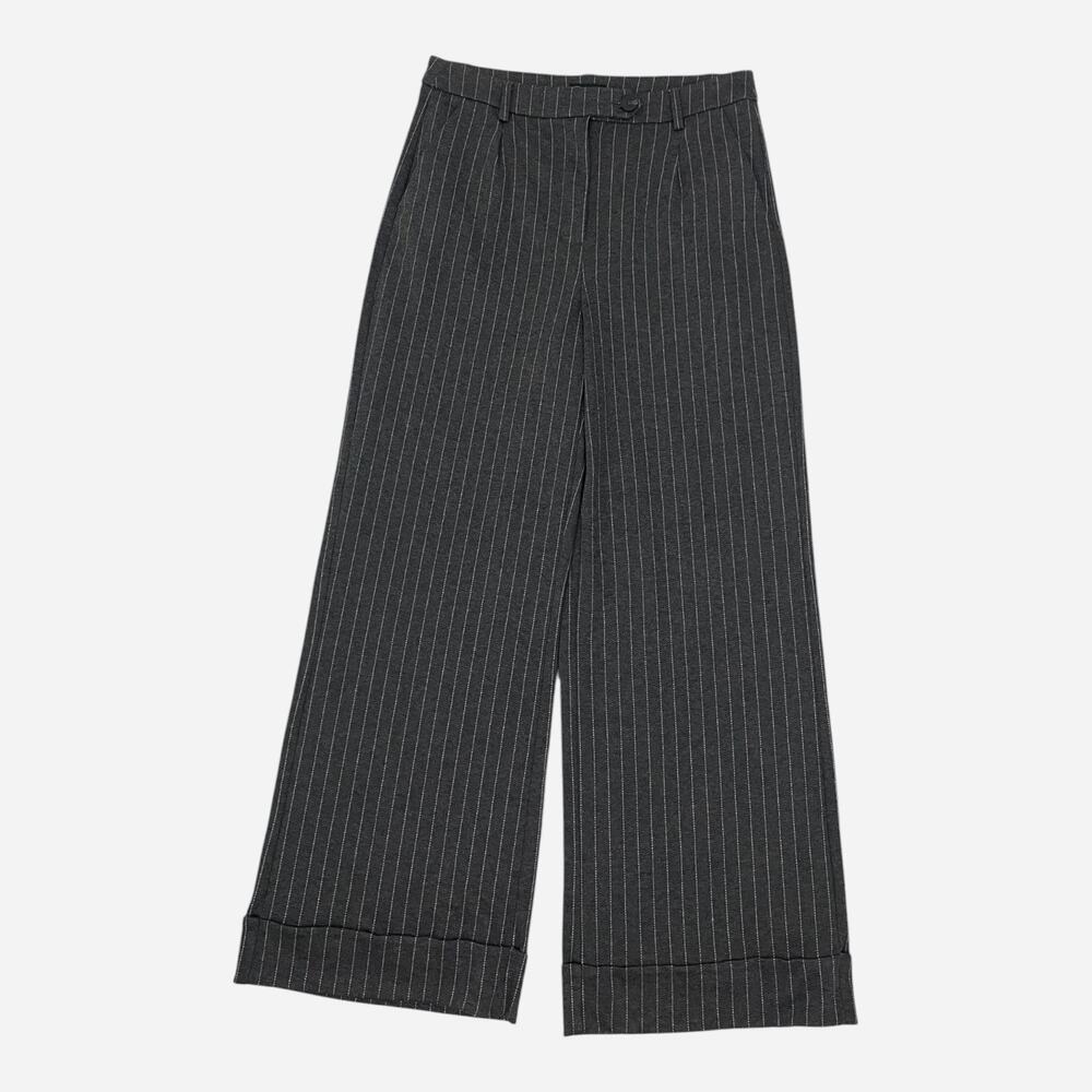 Shinestar Grey Pin Striped Wide Leg Cuffed Trousers